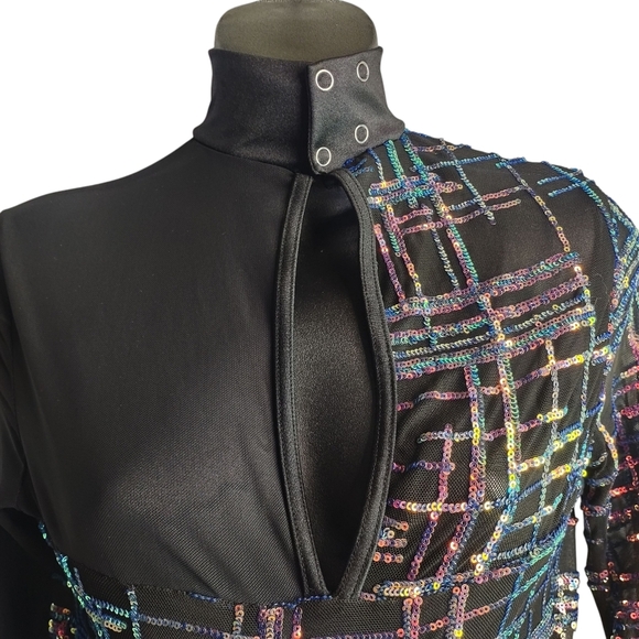 Weissman Dance Romper Sequin Black Mesh Long Sleeve Costume Adult Jazz Lyrical M - Picture 8 of 11